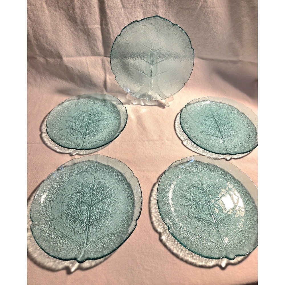 Indiana Glass Pebble Leaf Twiggy Blue Plates Set of 5 Vintage Leaf Glass